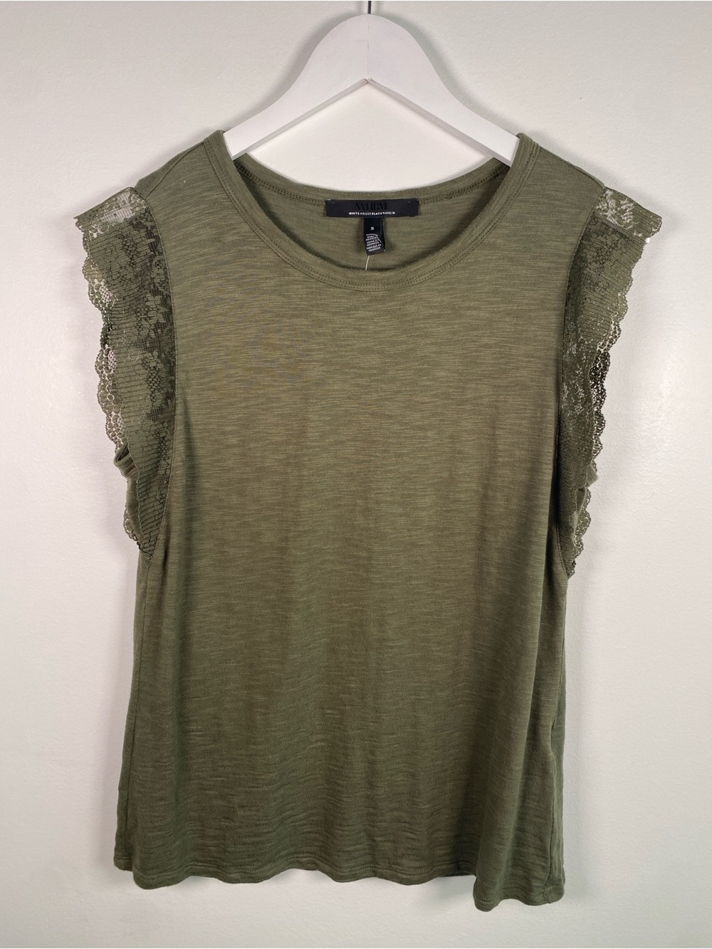NWT WHBM Olive Lace-Trim Sleeveless Top